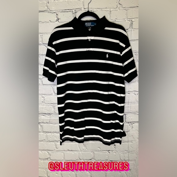 Ralph Lauren Polo Shirt Men's Large Black White Striped Casual Preppy Rugby - Picture 1 of 5
